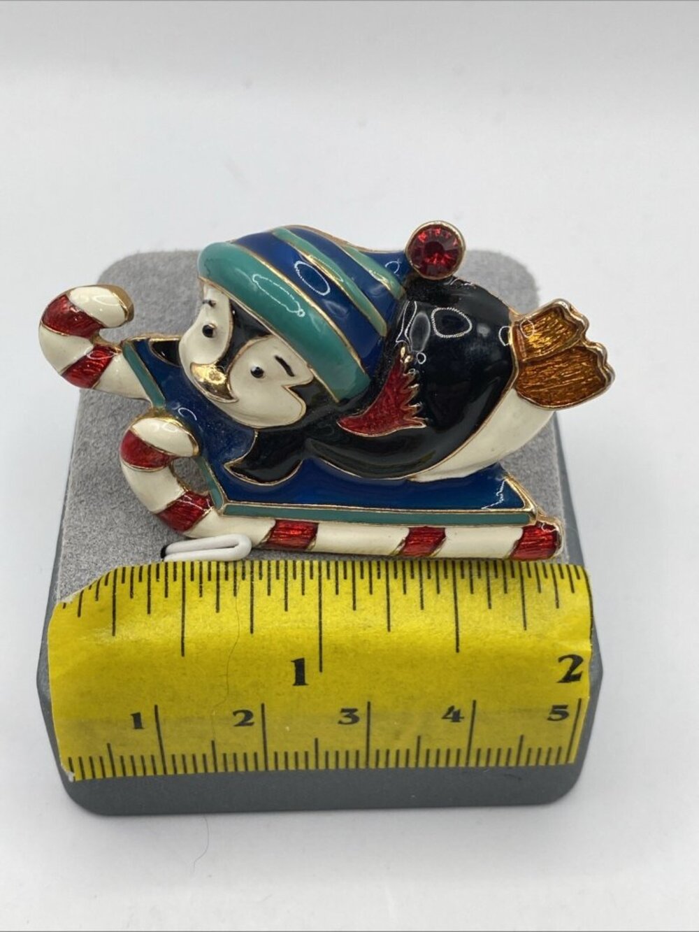 VTG Christopher Radko Enamel Sledding Penguin Christmas Brooch Rhinestone Accent